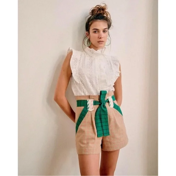 SÉZANE Arthus Brown White Green Plaid Belted High Rise Embroidered Cotton Shorts - Picture 5 of 11